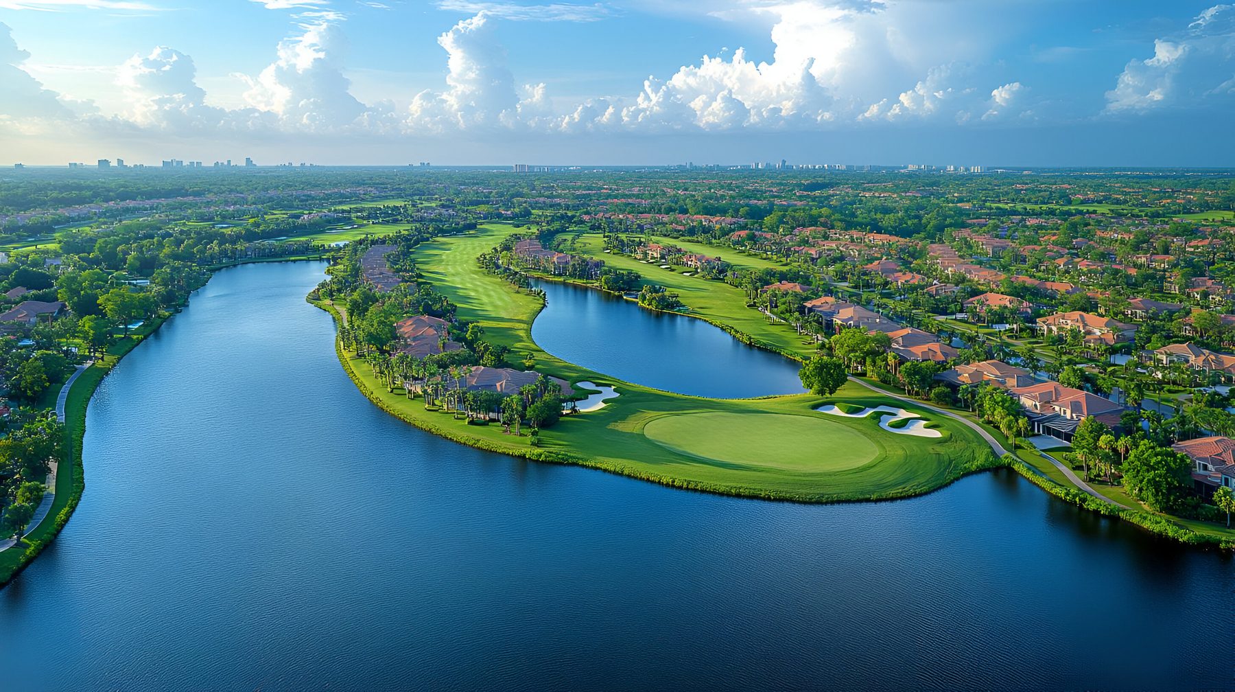 Aerial view of a golf course along a lake in an Estero community
