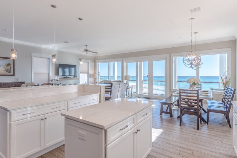 Open kitchen and dining area with Gulf views