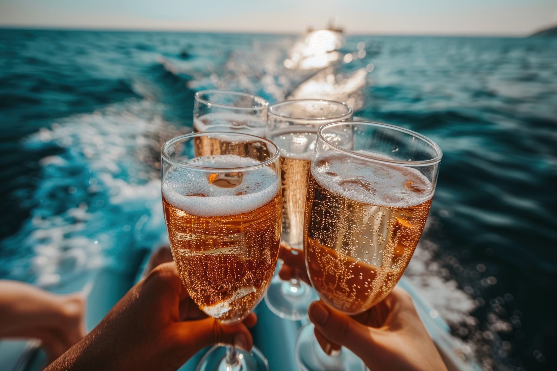 Champagne toast celebrating a closing aboard a boat on the water
