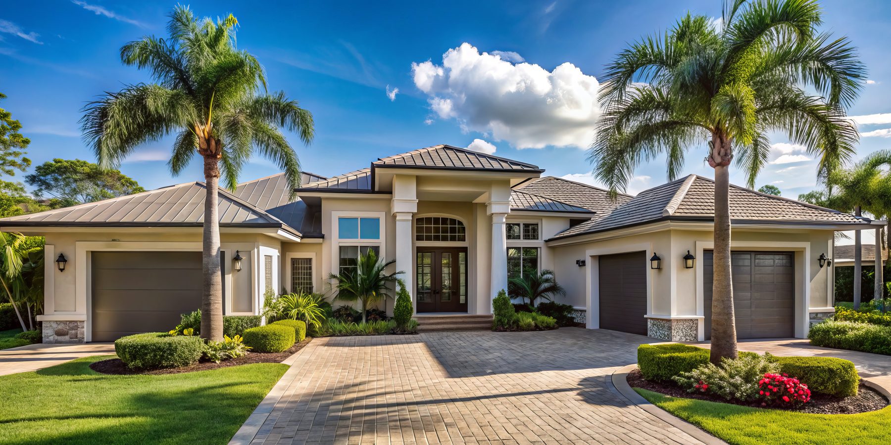 Florida ranch-style home with tile roof and palm-lined driveway