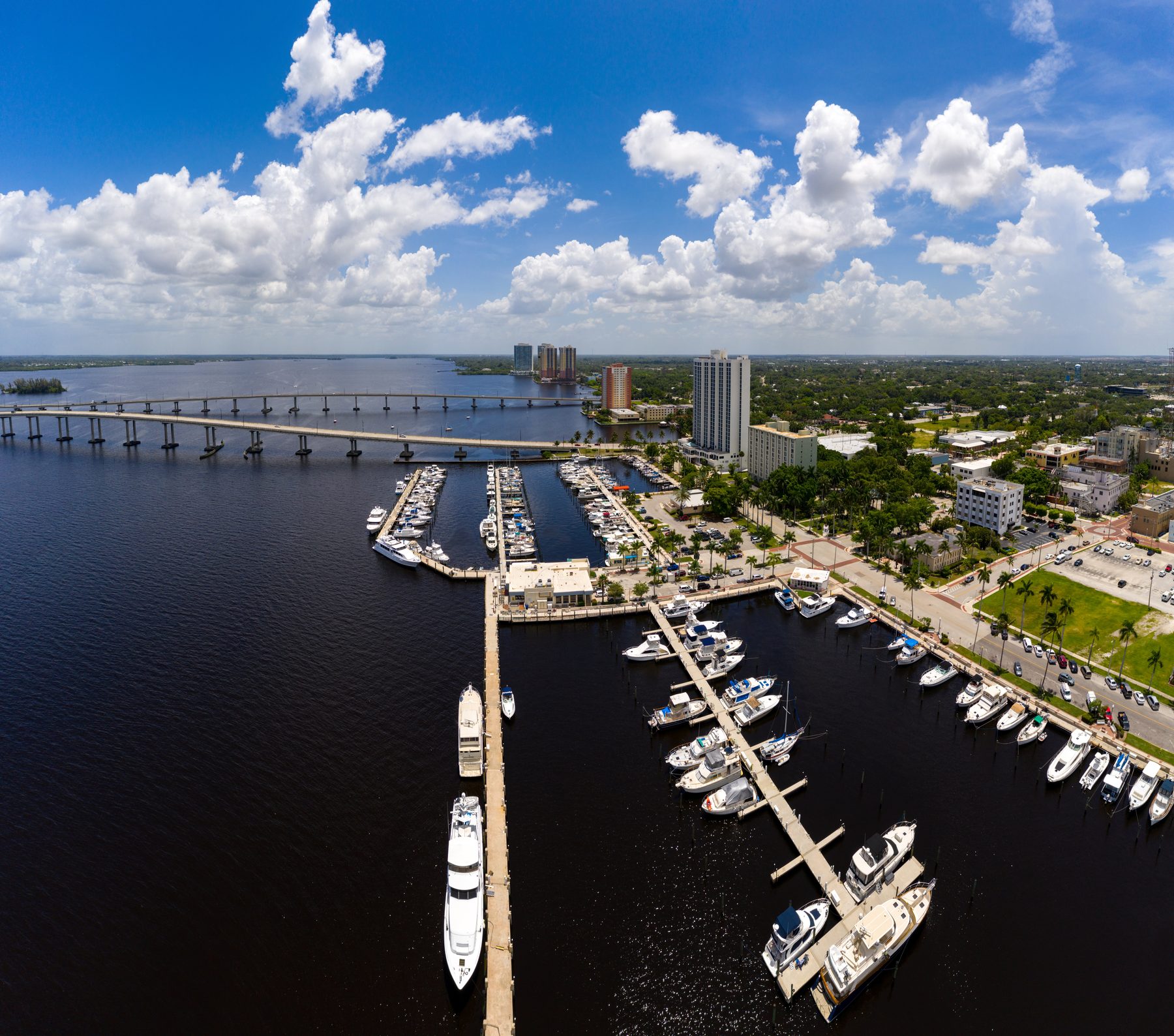 Downtown Fort Myers marina on the Caloosahatchee River with the Edison Bridge