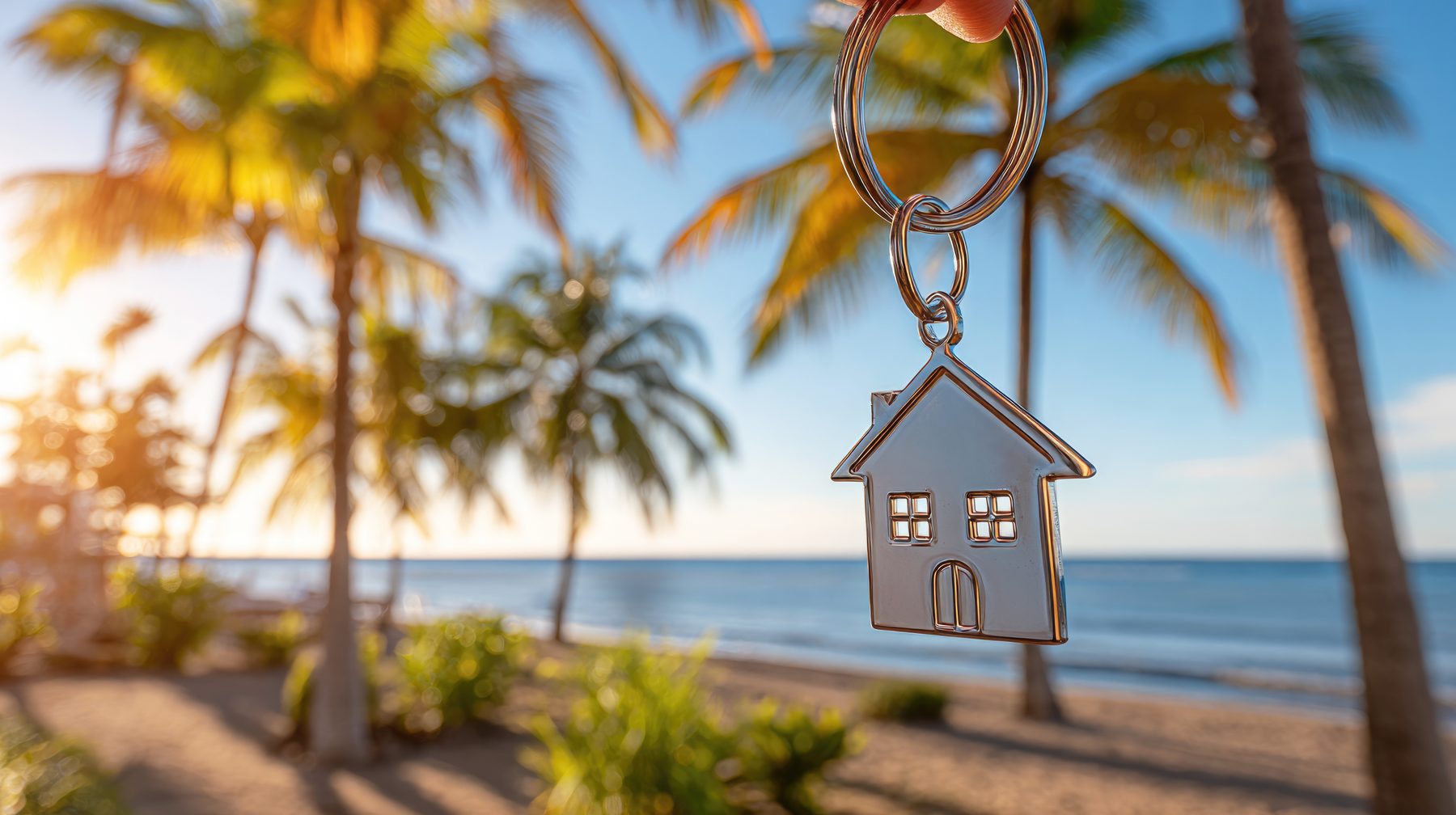 House-shaped keychain with a Florida beach and palm trees in the background