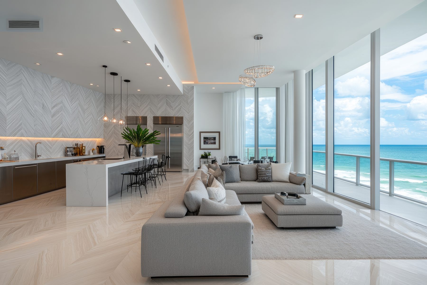 Luxury condo living room with floor-to-ceiling windows overlooking the Gulf