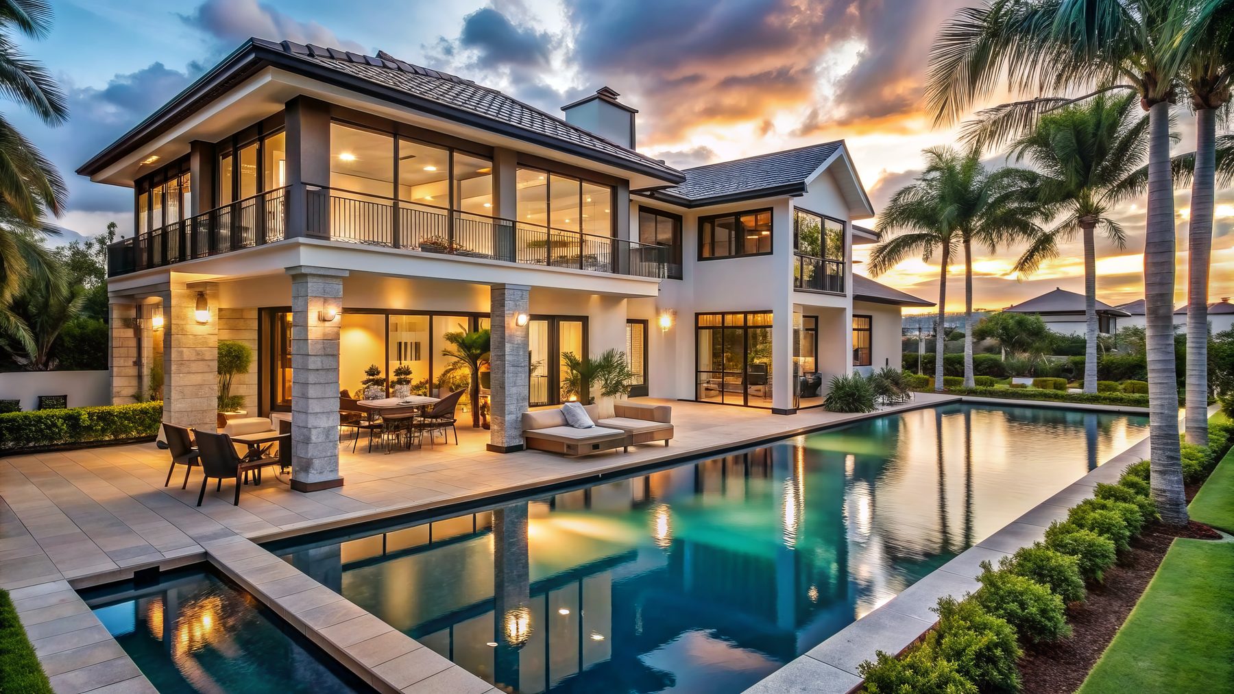 Luxury Southwest Florida home with pool at twilight