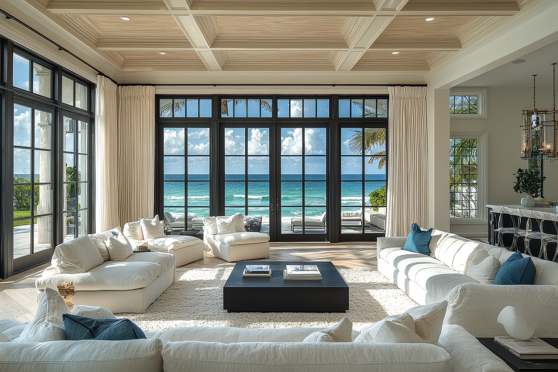 Luxury living room with panoramic ocean views through floor-to-ceiling windows