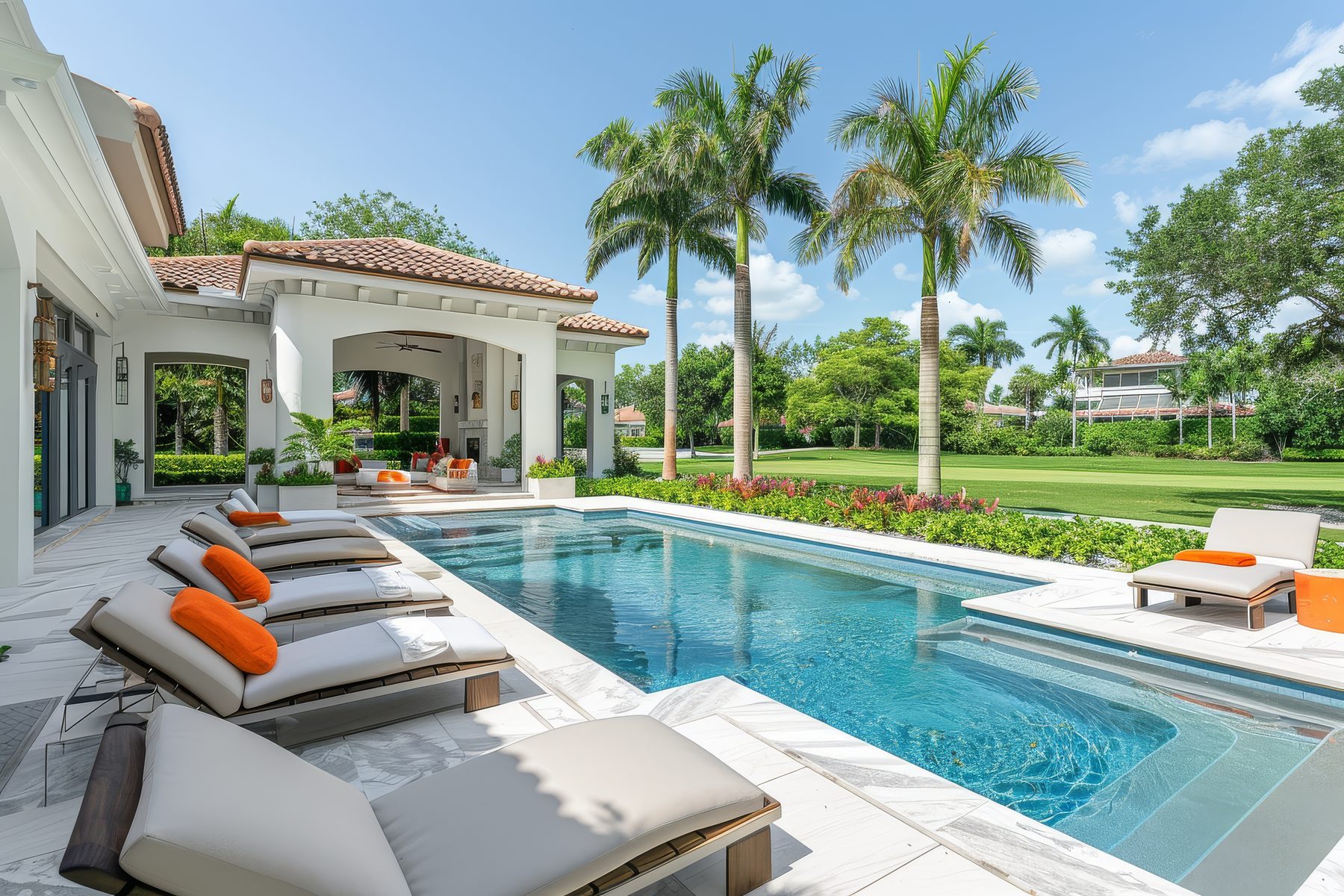 Resort-style pool with golf course view at a Southwest Florida community